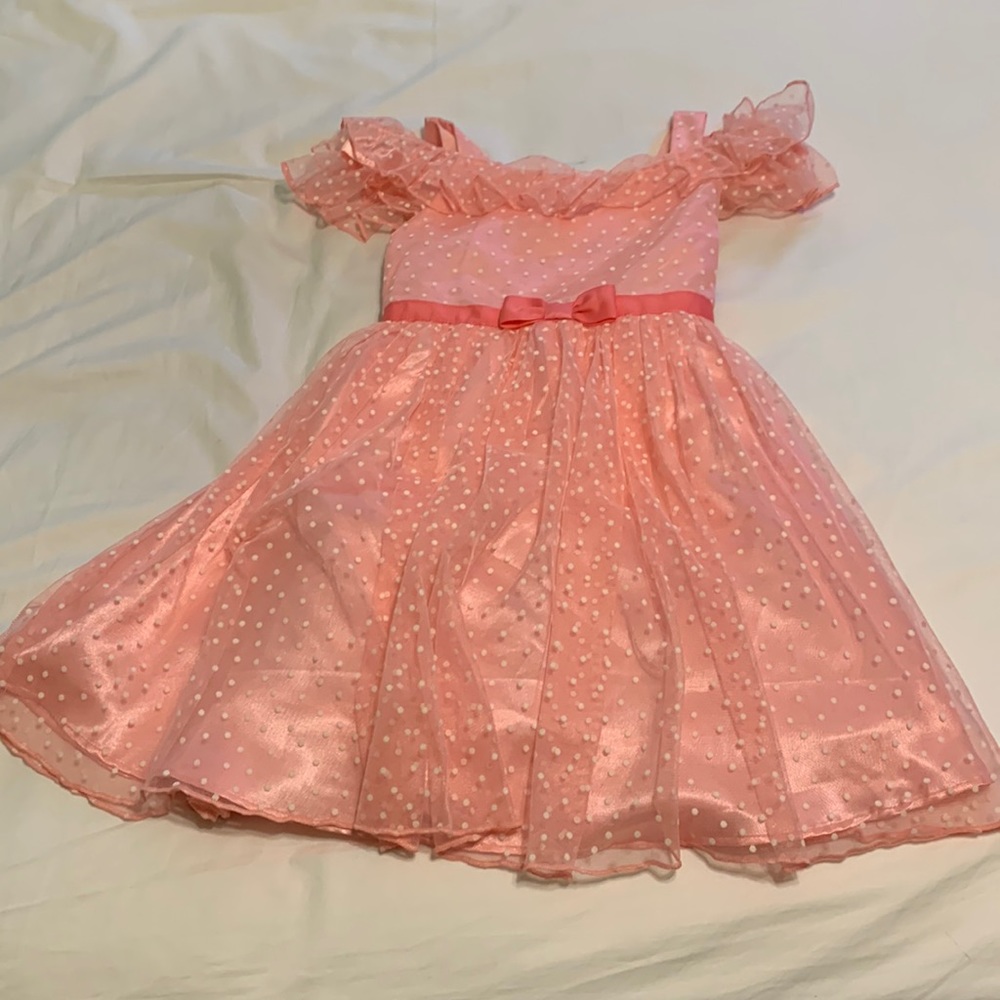 Girls coral bow poke-a-dot ruffle dress
